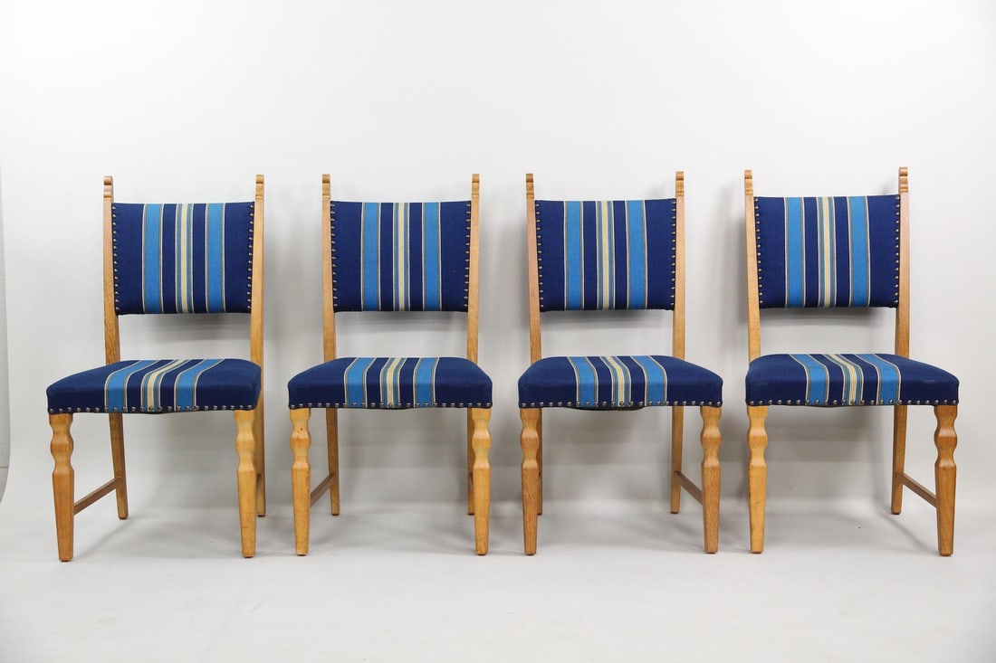 Set of 4 Danish Modern Dining Chairs, Henning Kjaernulf: Set of 4 Danish Modern Dining Chairs, Henning Kjaernulf. These Brutalist carved framed chairs are believed to be by Henning Kjaernulf. Featuring brutalist carved wood frames and blue striped wool