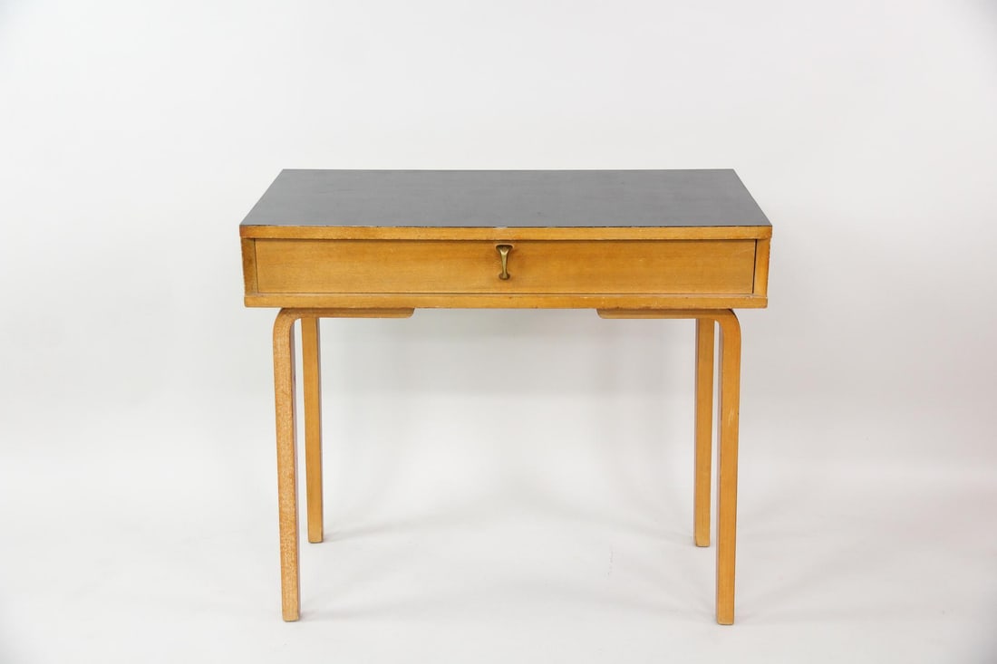 Thonet Bentwood Desk with Black Top: Mid-Century Modern Thonet Bentwood Desk with Black Top. Minimalist desk with bentwood legs, a single drawer and black top. Dimensions are 31.5 in h x 35.5 in w x 18.5 in d. Condition is good with