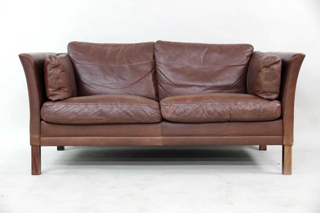 Danish Modern Brown Leather Loveseat (1 of 9)