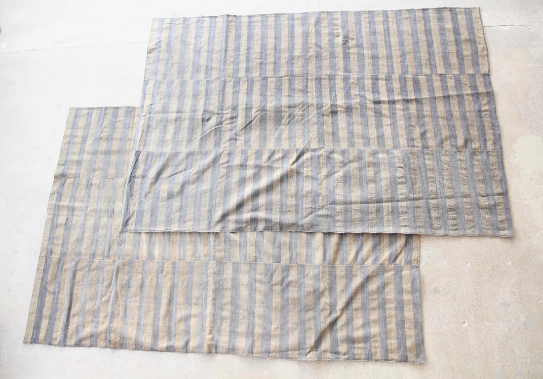 Pair of Turkish Kilim Rugs, Olive & Navy Striped, 6 x 9 Ft: Pair of Minimalist Turkish Kilim Rugs, Olive & Navy Striped, 6 x 9 Ft. A pair of Turkish flatweave rugs, handwoven in three panels with hand-stitched seams. Wool with burlap backing. With tag to corne