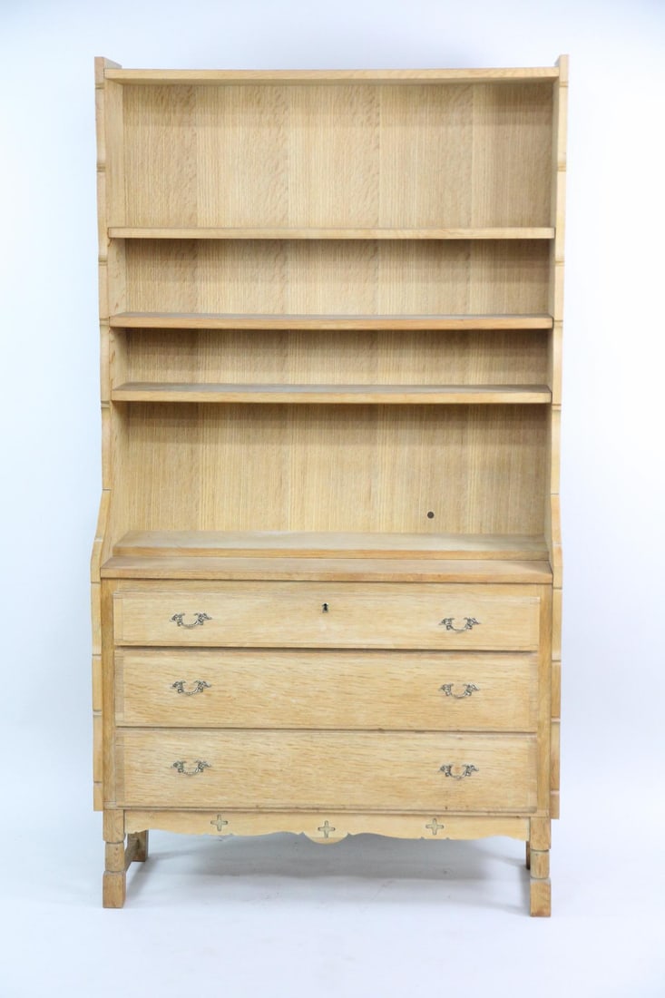 Danish Oak Shelf Secretary Bookcase, Henning Kjaernulf: Danish Oak Shelf Secretary Bookcase, Henning Kjaernulf. Solid oak bookcase, with 3 drawers, adjustable shelves and a writing surface. Dimensions are 72 in h x 39.5 in w x 17 in d. Condition is good wi
