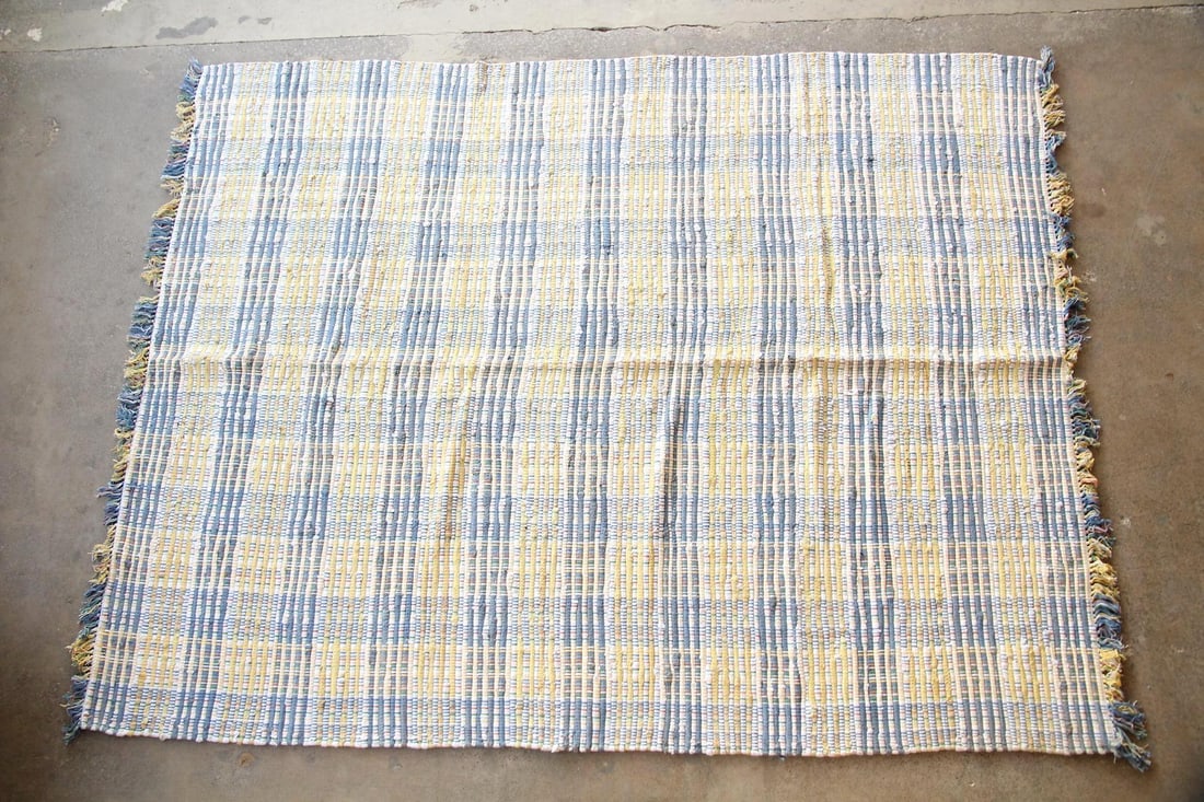 Crate & Barrel "Palette" Cotton Rag Rug, 8 x 10 Ft: Crate & Barrel "Palette" Cotton Rag Rug, 8 x 10 Ft. This is a contemporary rag rug with a subtle striped pattern, in yellow, blue, & white cotton with fringed ends. Labeled Crate and Barrel to the