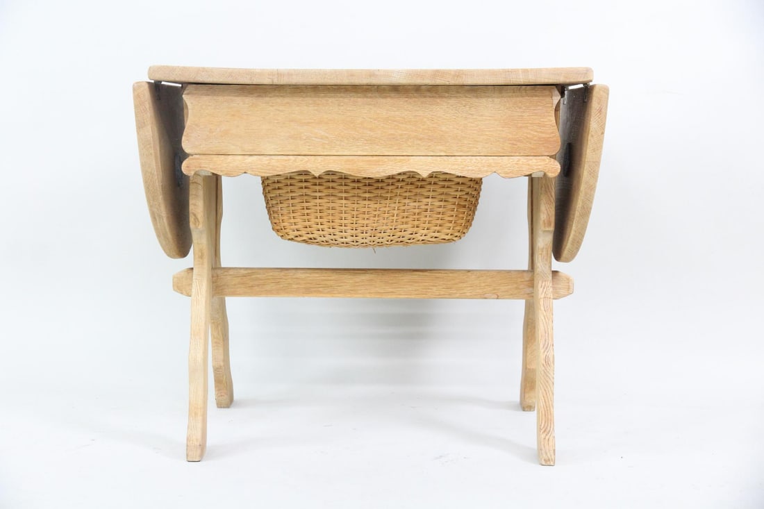 Danish Oak Drop Leaf Sewing Basket Side Table - 12