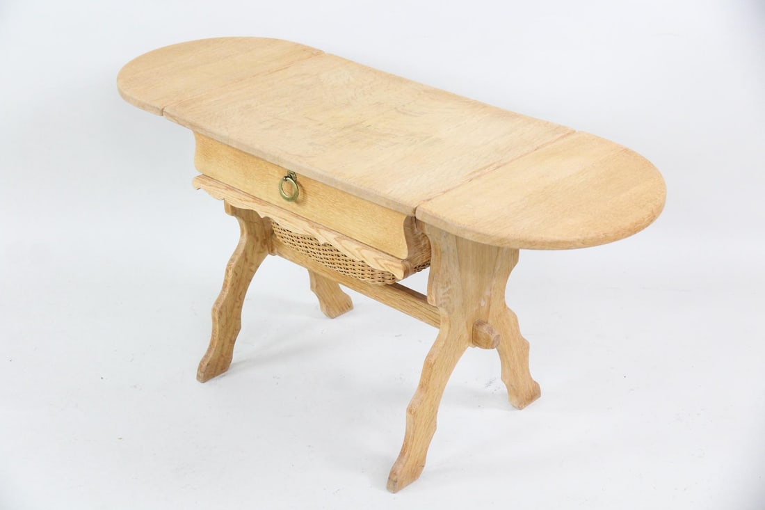 Danish Oak Drop Leaf Sewing Basket Side Table - 2