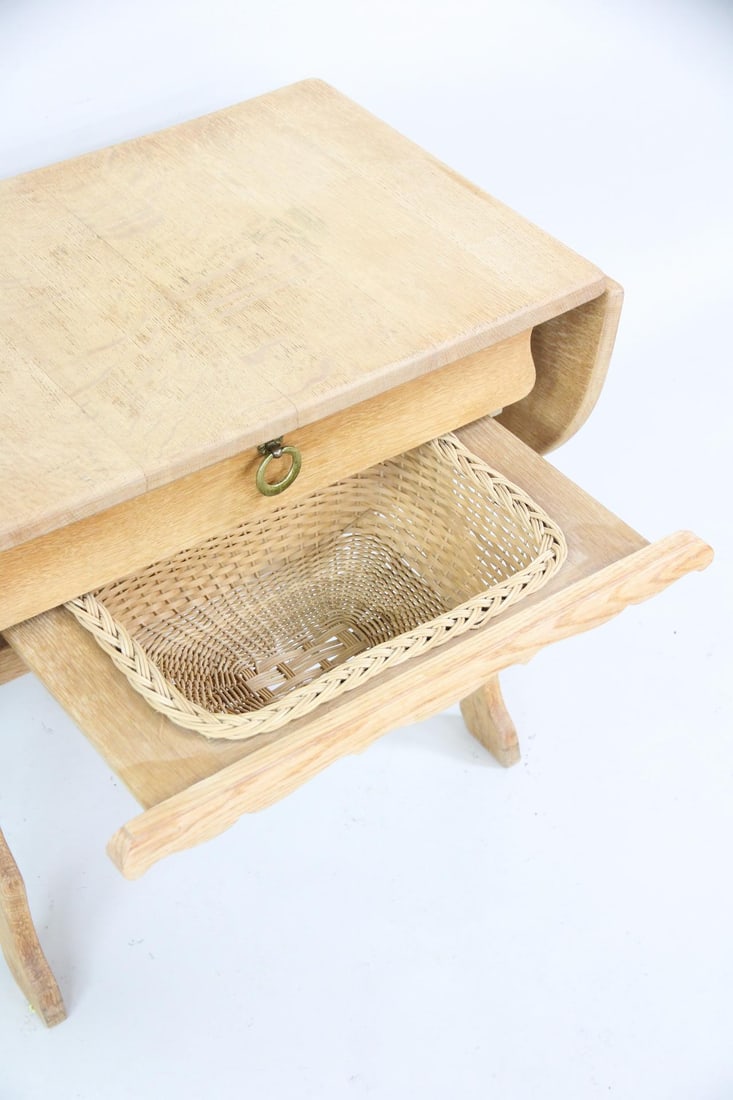 Danish Oak Drop Leaf Sewing Basket Side Table - 3