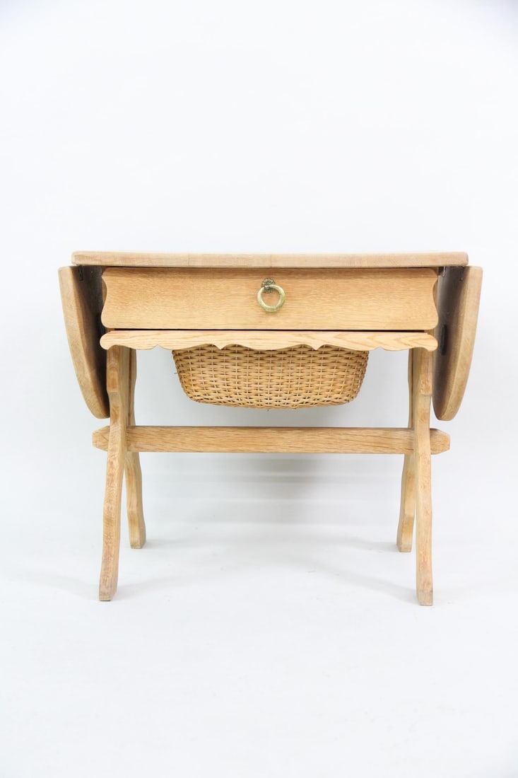 Danish Oak Drop Leaf Sewing Basket Side Table - 5