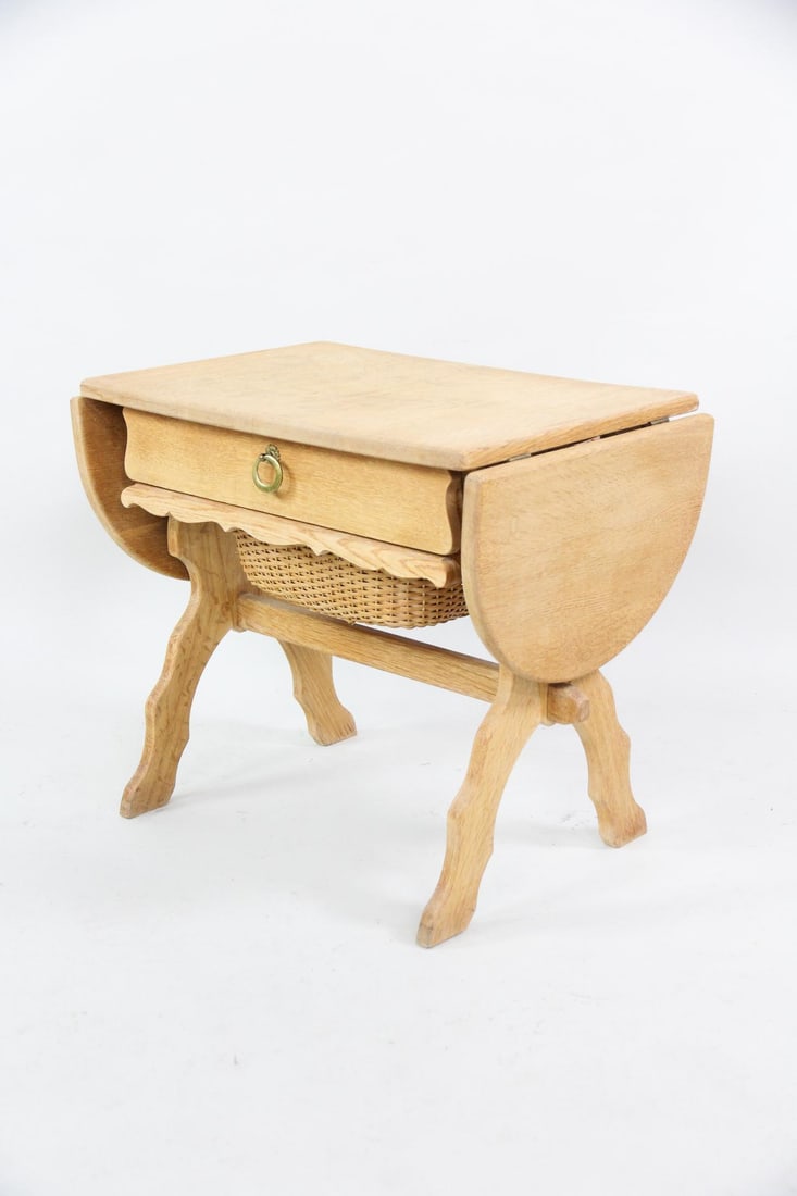 Danish Oak Drop Leaf Sewing Basket Side Table - 6