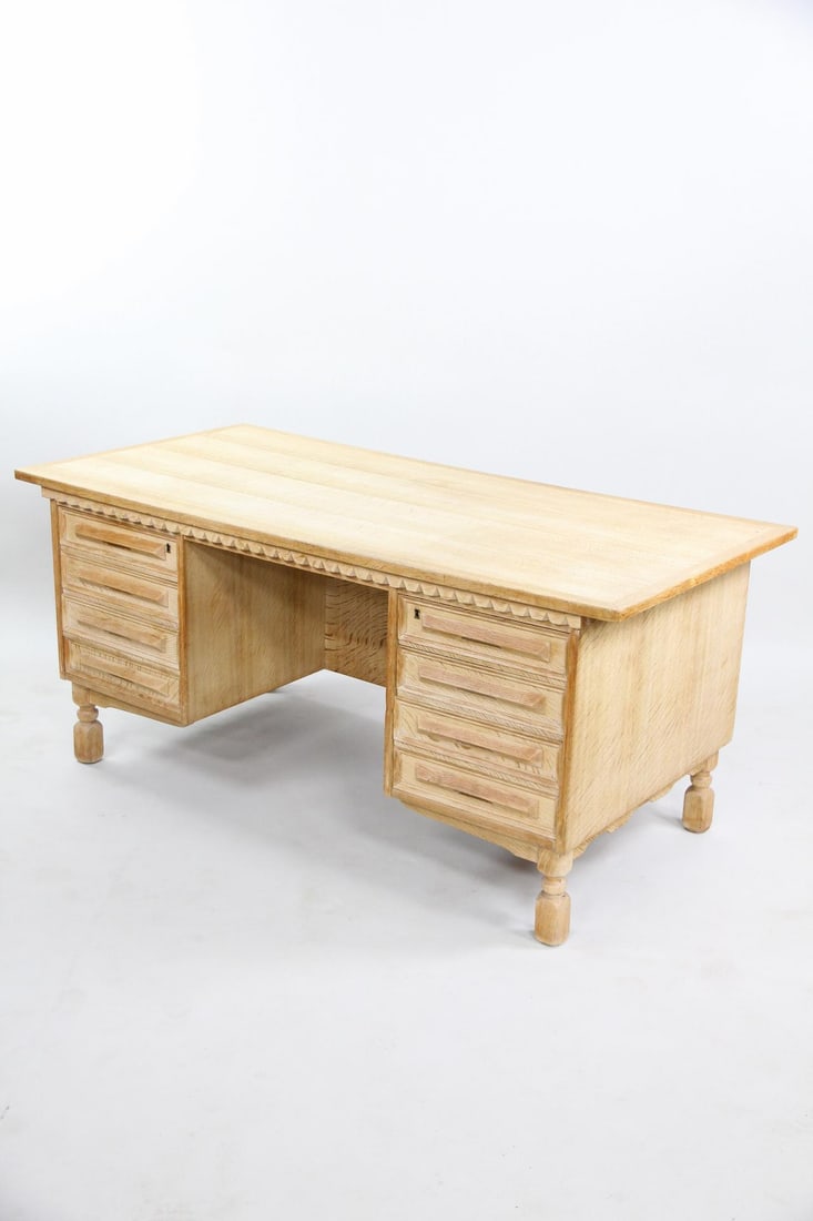 Danish Modern Oak Desk, Henning Kjaernulf: Danish Modern Oak Desk, Henning Kjaernulf. This mid century modern desk is made of oak, it has nice shelving on the backside. We believe to be designed by Henning Kjaernulf. Dimensions are 28.5 in h
