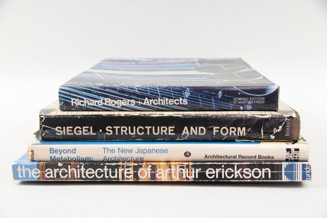 Lot of 4 Architecture Books, Japanese, Richard Erickson: Lot of 4 Architecture Books, Japanese, Richard Erickson. This group of hardcover books consists of four titles, Structure and Form in Modern Architecture by Curt Siegel, Richard Rogers + Architects by