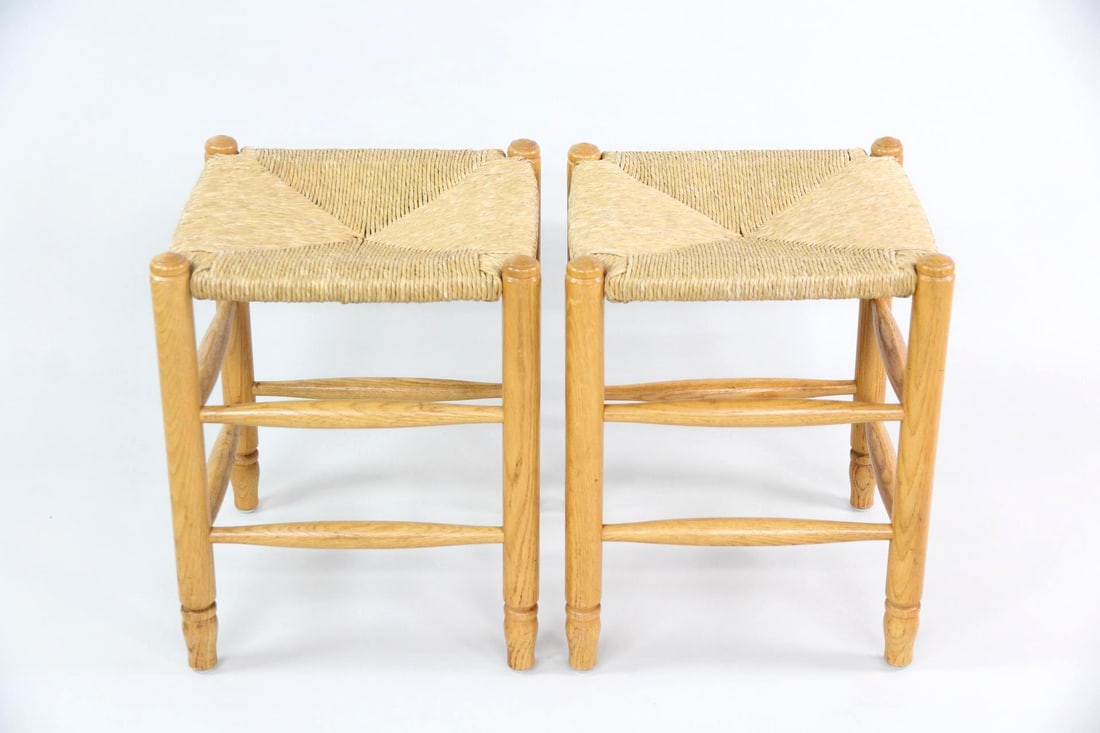 Pair of Oak Stools with Rush Seats (1 of 9)