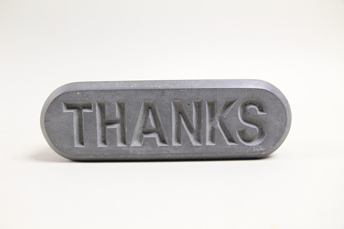 Allan McCollum "Thanks" Visible Marker Sculpture 1997, 1 of 2: Allan McCollum "Thanks" Visible Marker Conceptual Sculpture 1997, 1 of 2. Painted cast resin lozenge shaped sculpture created by artist Allan McCollum (American b.1944) from the Visible Markers series
