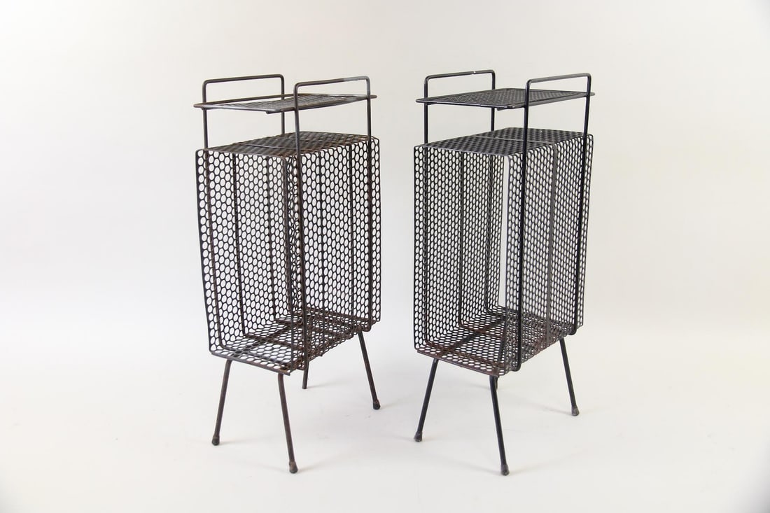 Pair of Black Perforated Metal Side Tables, Richard Galef for Ravenware: Pair of Mid-Century Modern Black Perforated Metal Side Tables, Richard Galef for Ravenware. Matching pair of black metal telephone stands with perforated mesh panels, designed with an upper shelf for