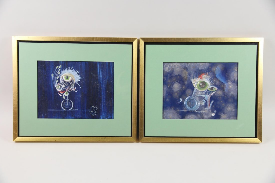 Pair of Maike Kreichgauer Surrealist Paintings: Pair of Maike Kreichgauer Surrealist Paintings. Two fantastical paintings on paper featuring an eyeball motif, signed by the artist Maike Kreichgauer (German b. 1972.) With an exhibition postcard on t
