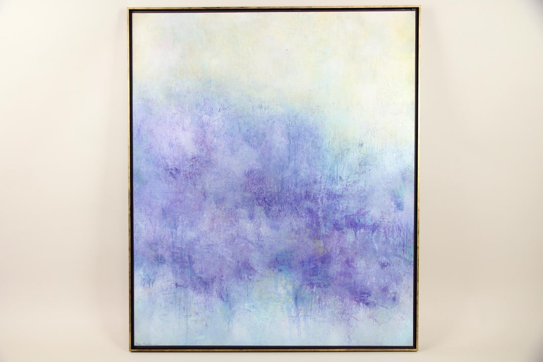 Bruce Murphy Abstract Painting "Lost in Obscurity": Bruce Murphy Abstract Painting "Lost in Obscurity". Painting on board in luminous purple, blue, yellow and white. Signed and dated 2014 lower left by the NY artist Bryan Weldon Murphy, with a signed a
