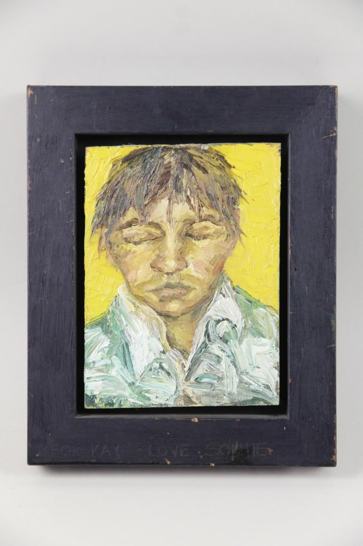 Expressionist Portrait Painting of a Boy: Expressionist Portrait Painting of a Boy. Small textured painting on canvas of a boy with his eyes closed. Inscribed "To Kay from Sophie" on the lower rail of the black wooden frame.Dimensions are 11.