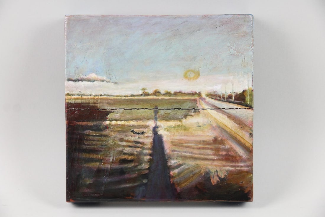 Jonathan McCree Landscape Painting "Field with Late Afternoon Shadows": Jonathan McCree Landscape Painting "Field with Late Afternoon Shadows." Oil and acrylic painting on wood, signed by the artist and dated 2001 by the artist Jonathan McCree (British b. 1963.)Dimensions