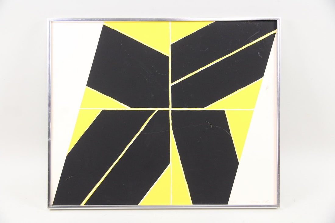 Minimalist Geometric Print, Yellow & Black: Minimalist Abstract Geometric Print, Yellow & Black. A two-color print on white paper with black trapezoidal shapes cropped within four yellow quadrants. Illegible artist's signature in pencil bottom