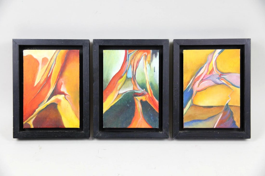 Group of 3 Abstract Oil Paintings by Michelle Wey: Group of 3 Abstract Paintings by Michelle Wey. Group of small abstract oil on panel paintings with sinuous forms and colorful gradients. From American artist Michelle Wey's exhibition After the War in