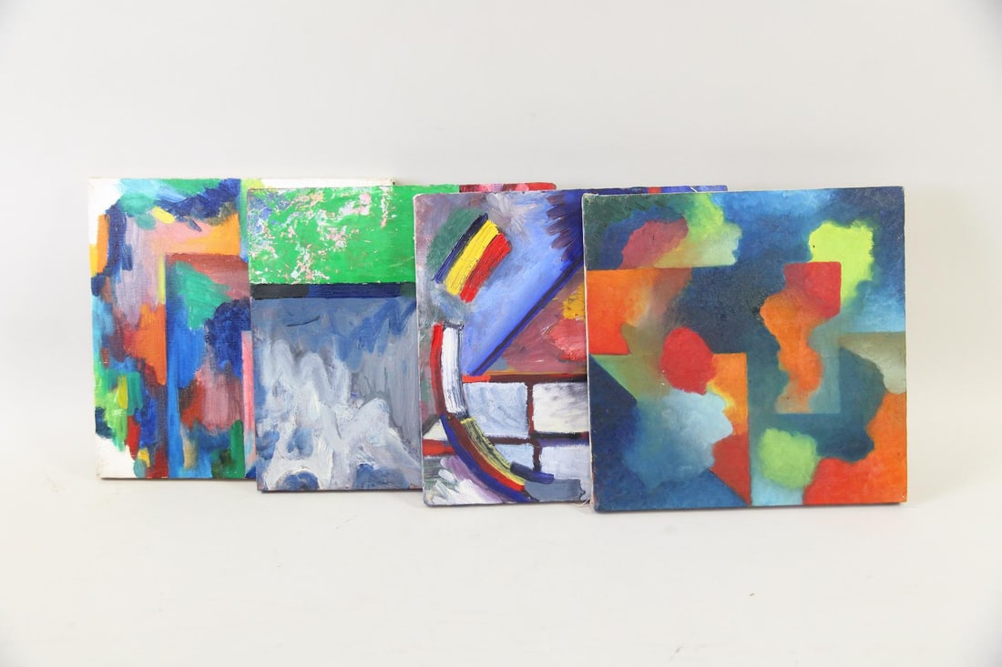 Group of 4 Clark Murray Paintings, Geometric Abstractions: Group of 4 Clark Murray Paintings, Geometric Abstractions. A group of square paintings, three on canvas and one on linen, each with a geometric abstraction painted in bright hues. Unsigned, by the art