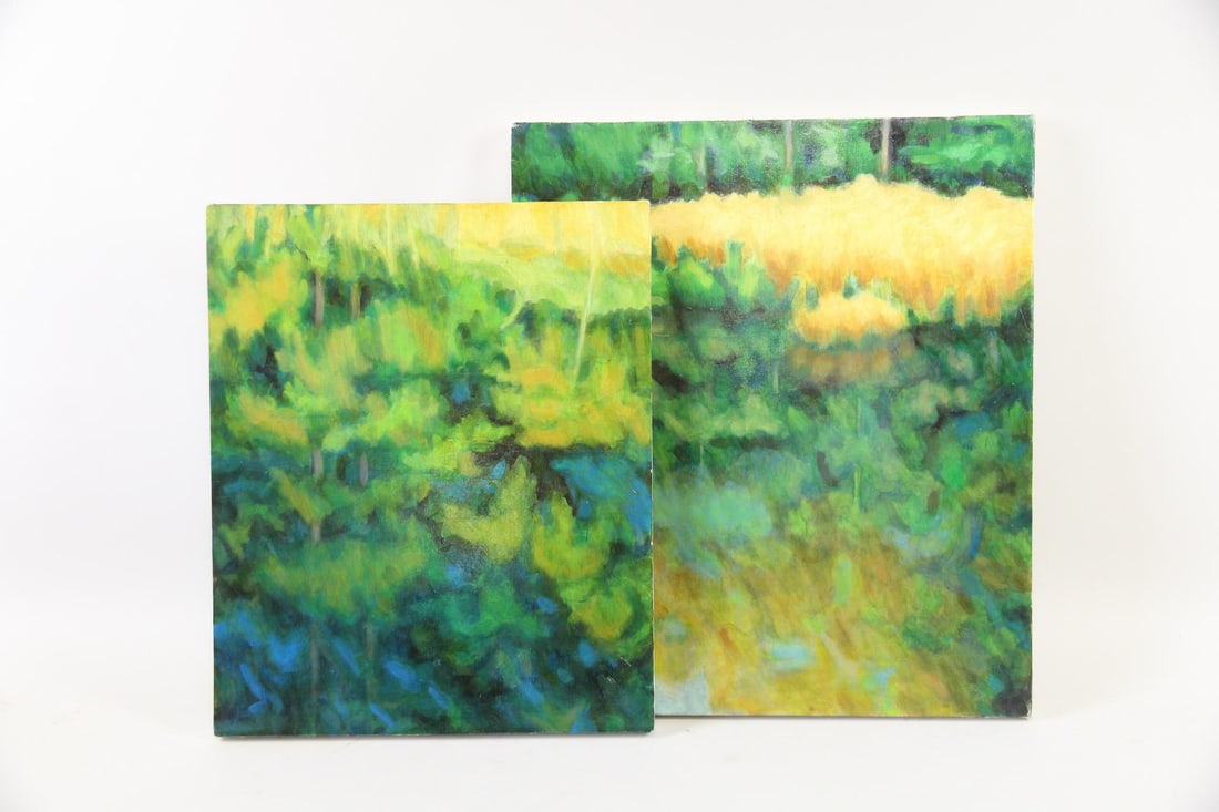 Pair of Clark Murray Abstract Landscape Paintings, Foliage: Pair of Clark Murray Abstract Landscape Paintings, Foliage. Two abstract paintings on canvas over panel, suggestive of vivid green foliage and meadow. Painted with visible mark making and layers of go