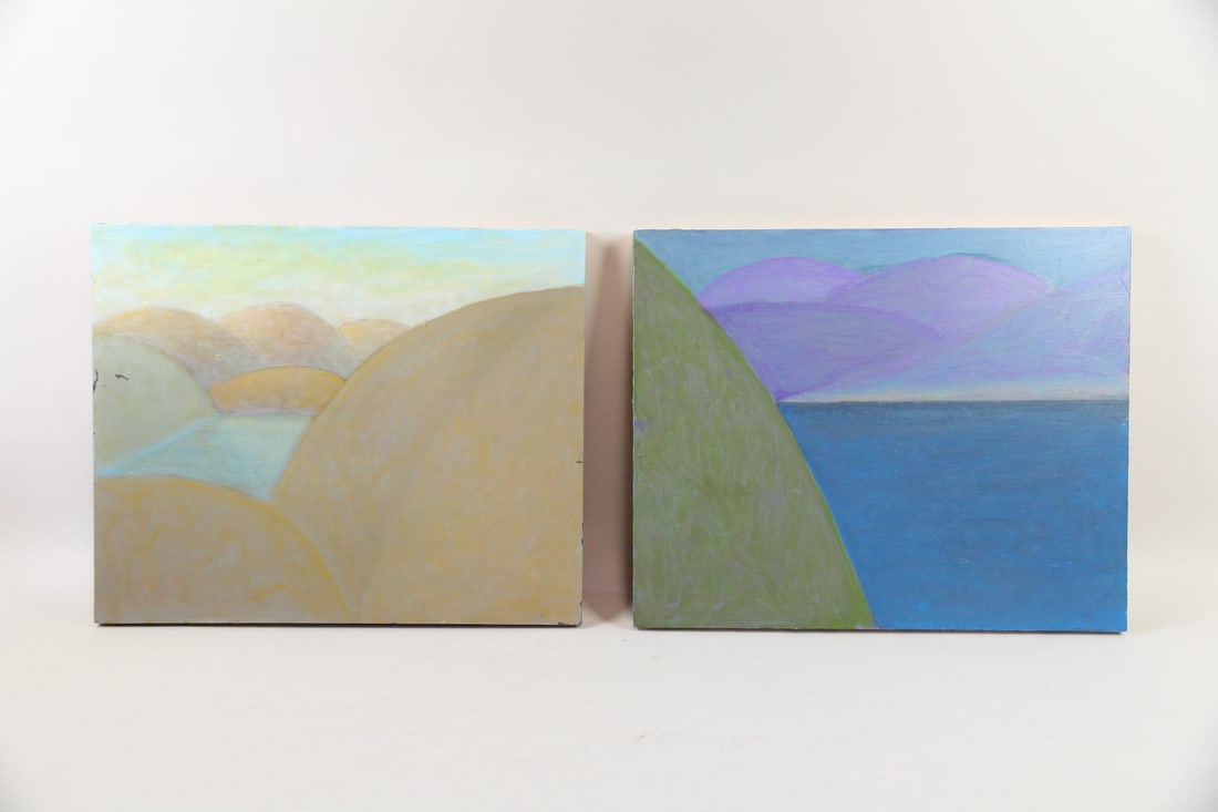 Pair of Clark Murray Abstract Landscape Paintings, Mountains: Pair of Clark Murray Abstract Landscape Paintings. Two abstract paintings on cradled hard panel, suggestive of mountains and bodies of water. Both feature luminous, Impressionistic color mixing, with