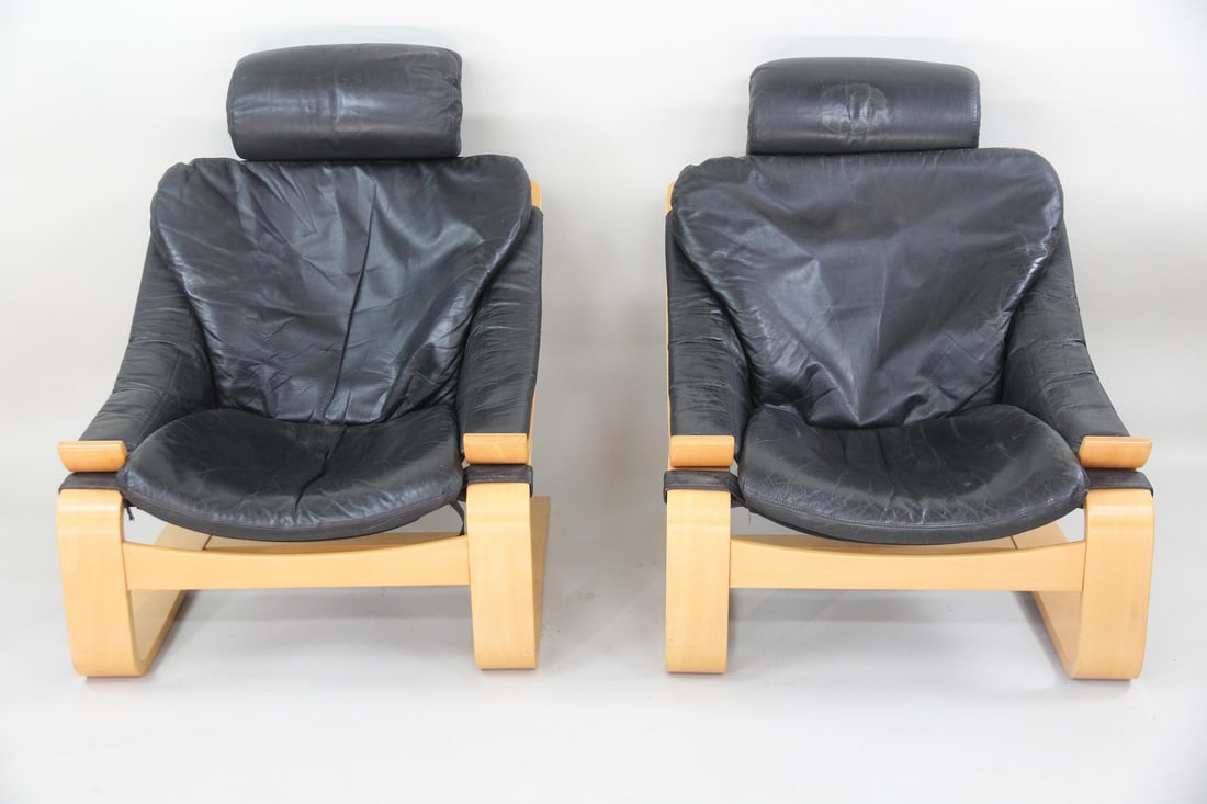 Pair of Ake Fribytter "Kroken" Black Leather Lounge Chairs (1 of 18)