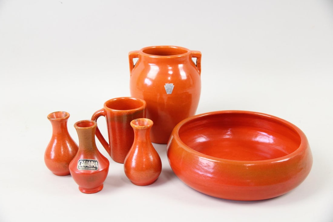 Lot of Toyon Red Catalina Pottery & Art Deco Pfaltzgraff Vase: Lot of Catalina Ceramic Avalon Ware & Art Deco Pfaltzgraff Vase. Grouping of Catalina Island Pottery with Toyon red glaze includes three small vases, one with exterior label, two with stamp to bottom.