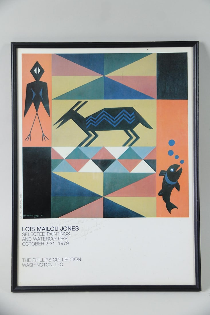 Lois Mailou Jones Exhibition Poster Signed 1980: Lois Mailou Jones Exhibition Poster Signed 1980. Exhibition poster titled "Bird, Beast & Fish" featuring the artwork of Lois Mailou Jones, for an exhibition of her work at The Phillips Collection,