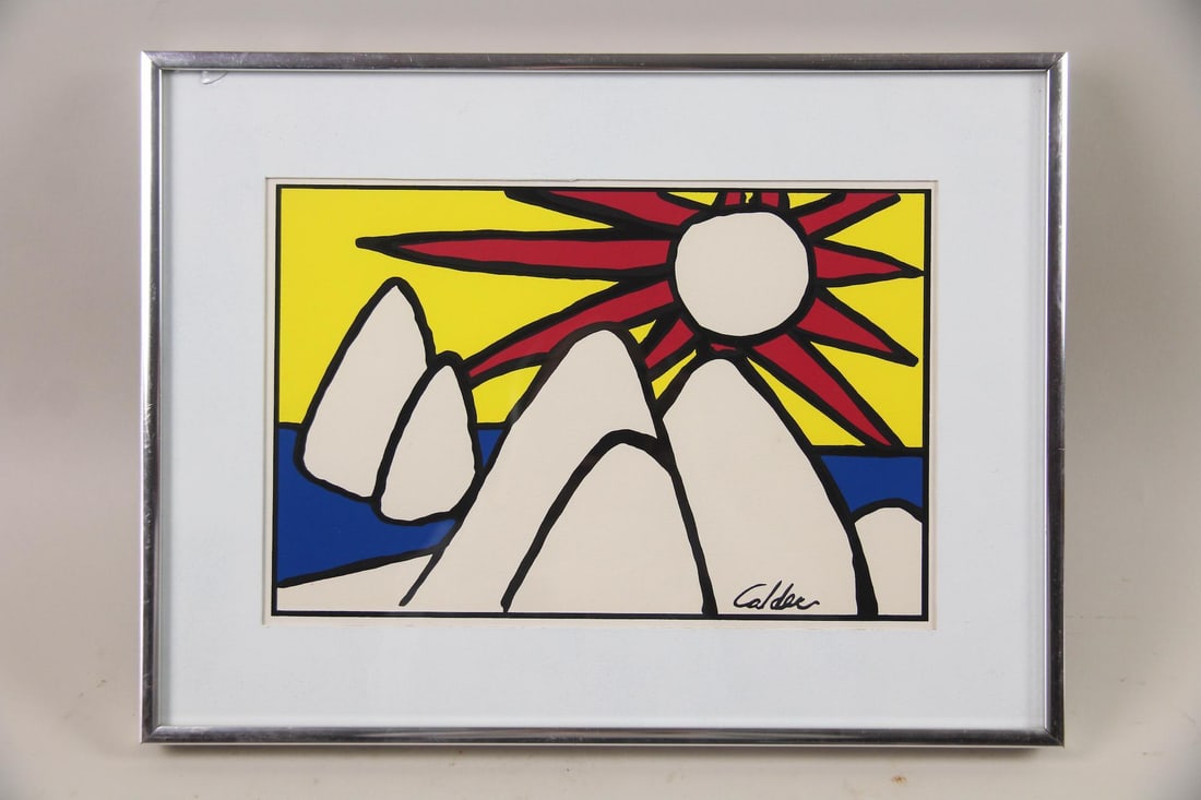 After Alexander Calder, "Sun & Mountains" Serigraph: After Alexander Calder, "Sun & Mountains" Serigraph. This is a serigraph print after Alexander Calder (American, 1898-1976) entitled "Sun & Mountains," with bold primary color and graphic lines. Signe