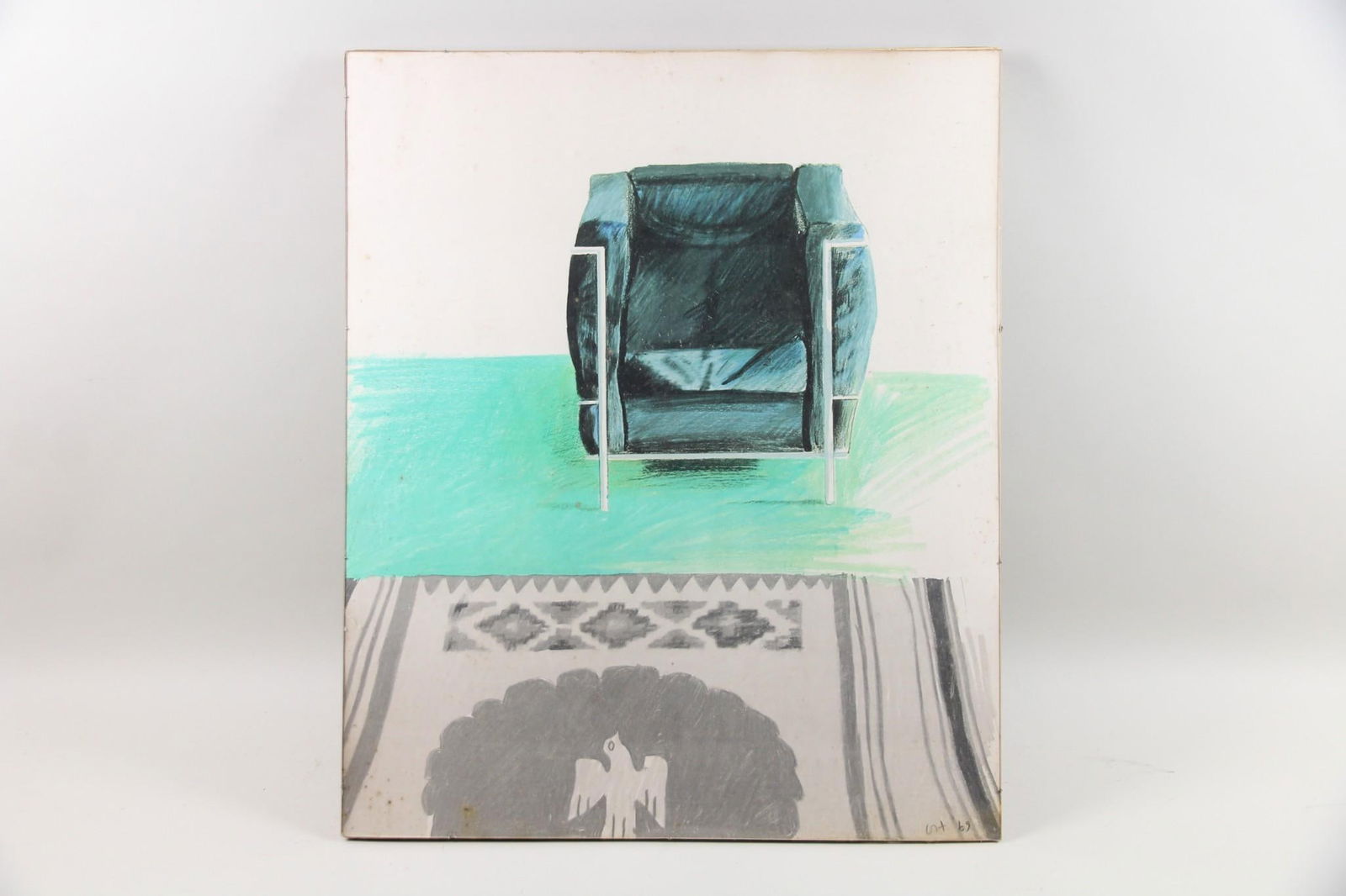 David Hockney "Corbusier Chair and Rug" Poster: David Hockney "Corbusier Chair and Rug" Poster. Offset color lithograph featuring a Corbusier chair by the artist David Hockney (United Kingdom, b. 1937), used as a poster for an exhibition at Andre E