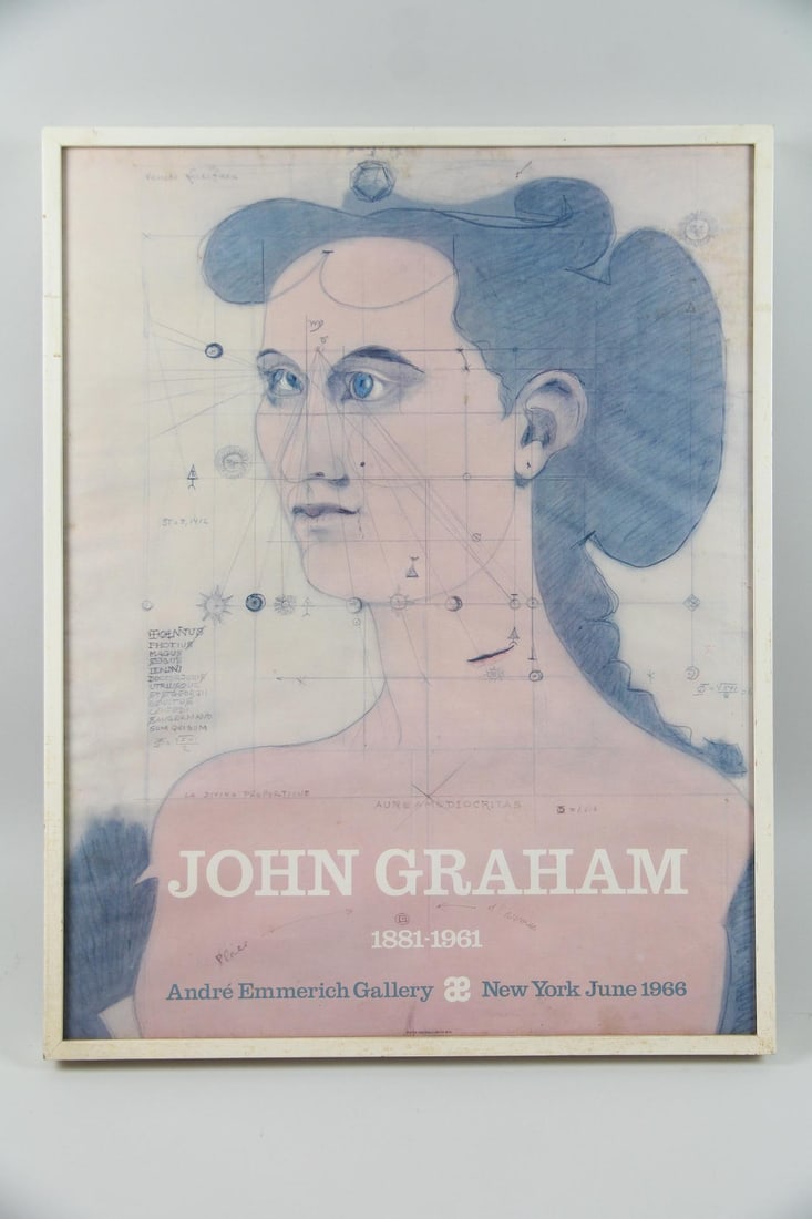 John Graham Exhibition Poster Andre Emmerich Gallery NYC 1966: John Graham Exhibition Poster Andre Emmerich Gallery NYC 1966. Poster featuring the artwork Venere Lucifera by the artist John Graham (Ukrainian American 1881-1961.) In a white wooden frame.Dimensions
