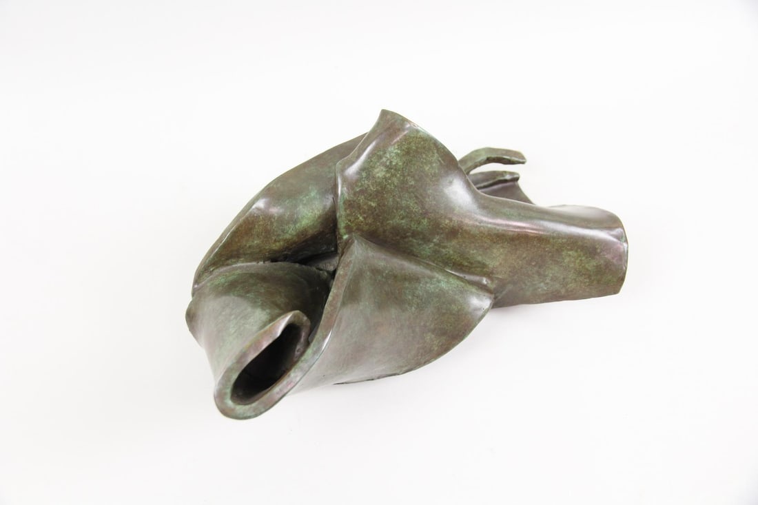Michael Steiner Abstract Folded Bronze Sculpture: Michael Steiner Modernist Abstract Folded Bronze Sculpture. Bronze sculptural form in folded or draped planes with a greenish-brown patina. Signed MS 76 by the artist Michael Steiner (New York, born 1