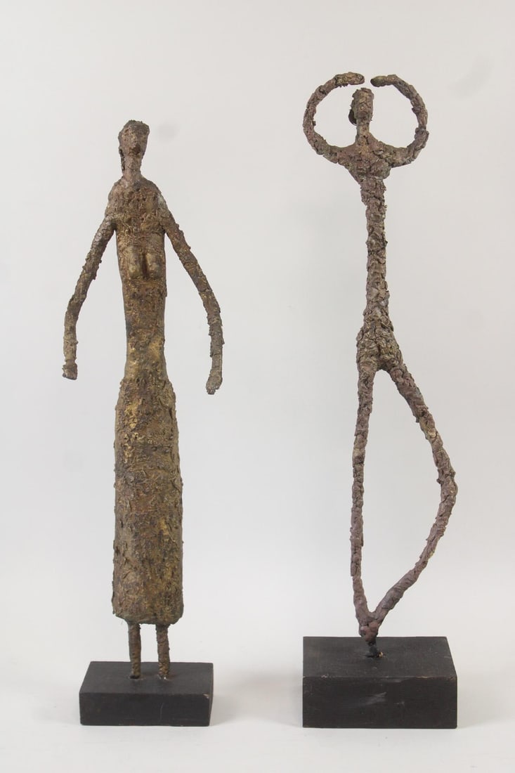 Pair of Figural Modernist Sculptures: Pair of Figural Modernist Sculptures. Perhaps inspired by the work of Giacometti, these 2 sculptures are made of plaster or paper mache, metal and wood. Attributed to Franklin Kline of Cincinatti Ohio