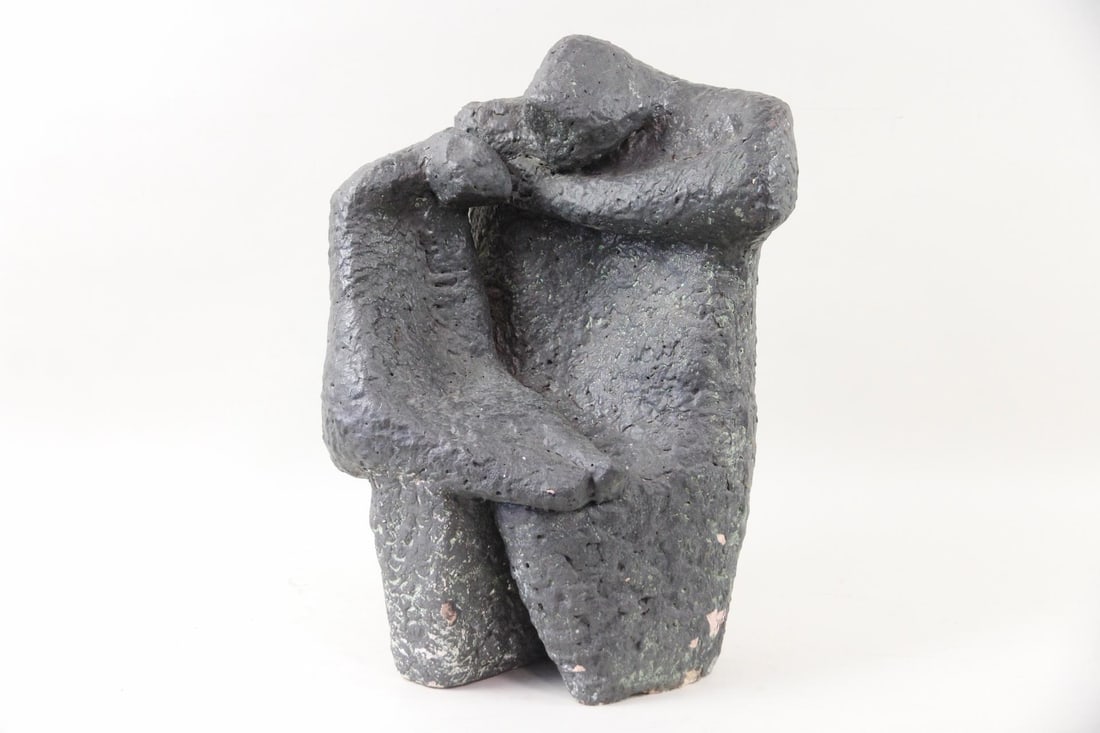 Modernist Ceramic Figurative Sculpture: Modernist Ceramic Figurative Sculpture. Handformed ceramic sculpture of 2 figures, with a dark textured finish.Dimensions are 19.5 in h x 14.5 in w x 8.5 in d. Condition is good with some chips to sur