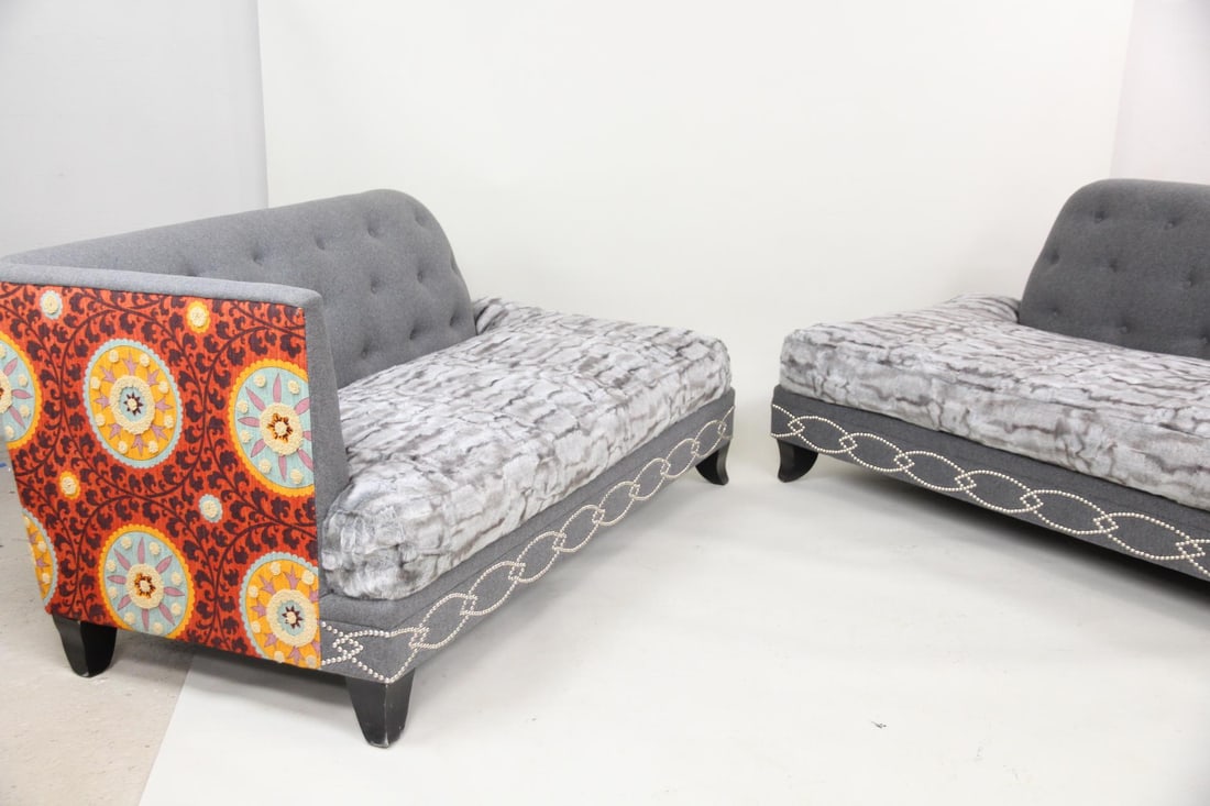 Pair of Custom Postmodern Faux Fur Chaise Lounge Sofas: Pair of Custom Made Postmodern Boho Faux Fur Chaise Lounge Sofas. Matching pair of one chaise sofas with seats upholstered in gray faux fur, tufted backs, and backs and sides upholstered in a colorful