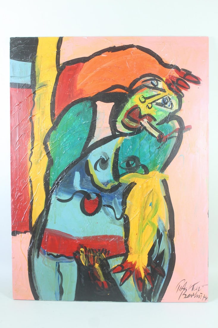 Peter Keil Neo-Expressionist Erotic Painting: Peter Keil Neo-Expressionist Erotic Painting. Large, bold and colorful painting on stretched canvas, titled on the back Hallo America, I'm Coming and signed and dated Berlin 74 lower right by the arti