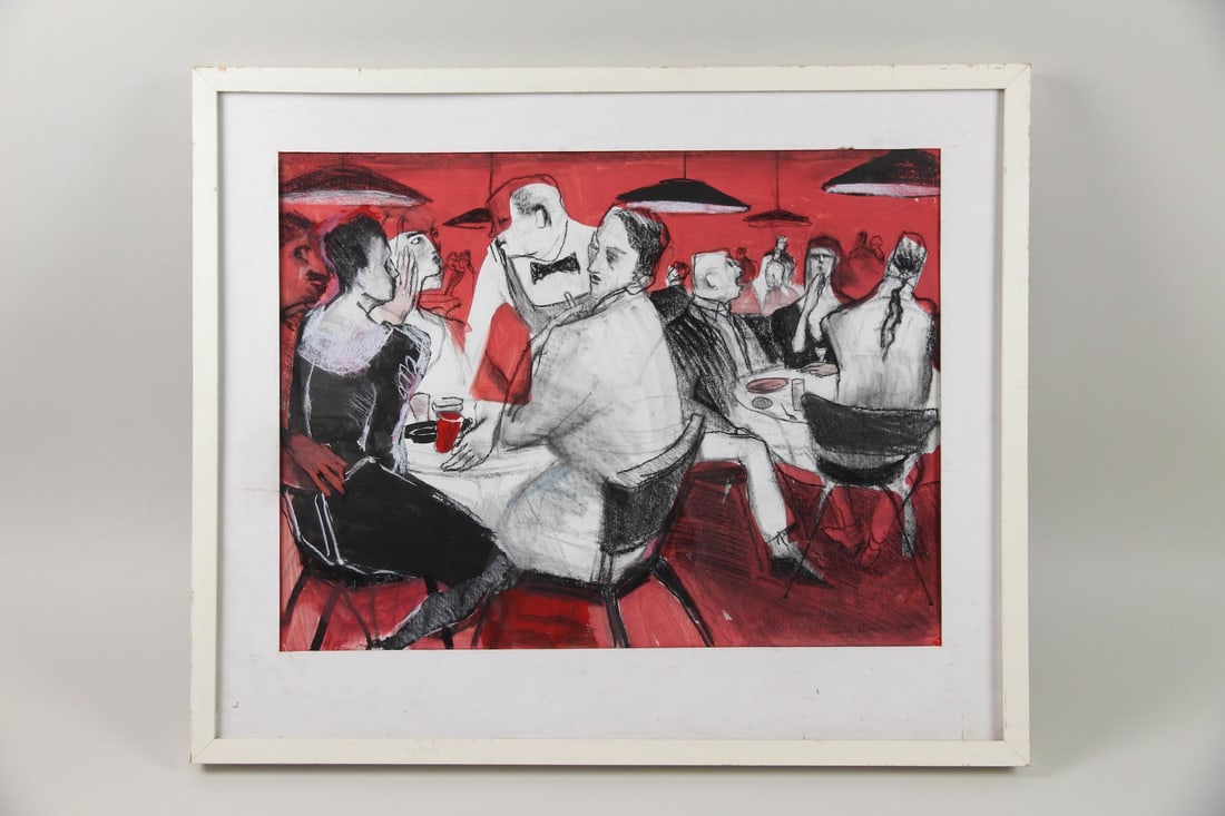 Leslie Bender Mixed Media "Life in Restaurants" Painting: Leslie Bender Mixed Media "Life in Restaurants" Painting. Red, white and black mixed media artwork on paper depicting a bustling restaurant. Signed lower right and dated 1994 by Woodstock NY artist Le