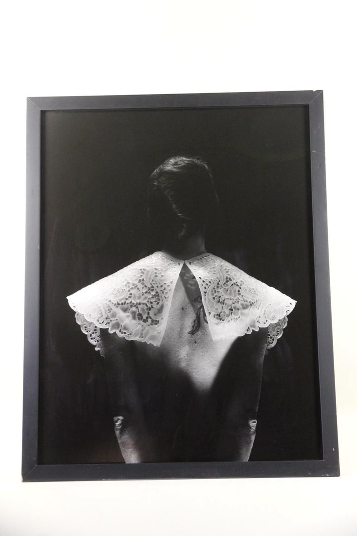 Large B&W Photograph, Woman with Lace Collar: Large B&W Photograph, Woman with Lace Collar. This is a large black & white print depicting a backview of a nude woman wearing an ornate lace collar. Signature to the back appears to read "Merrill Man