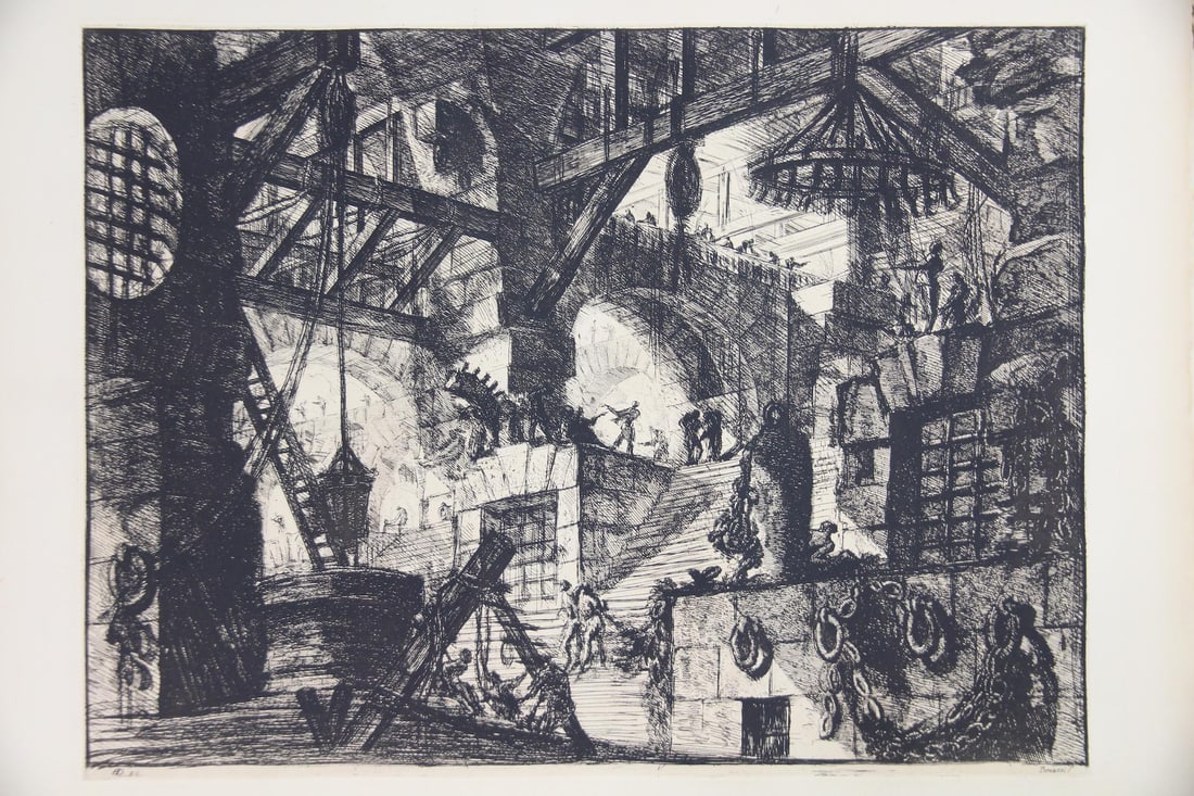 Complete Portfolio Set Giovanni Battista Piranesi, Carceri d'Invenzione: Folio of Giovanni Battista Piranesi Architectural Etchings, "Imaginary Prisons." This is a collection of 15 engraved plates from Carceri d'invenzione (Imaginary Prisons), originally created by the Ita