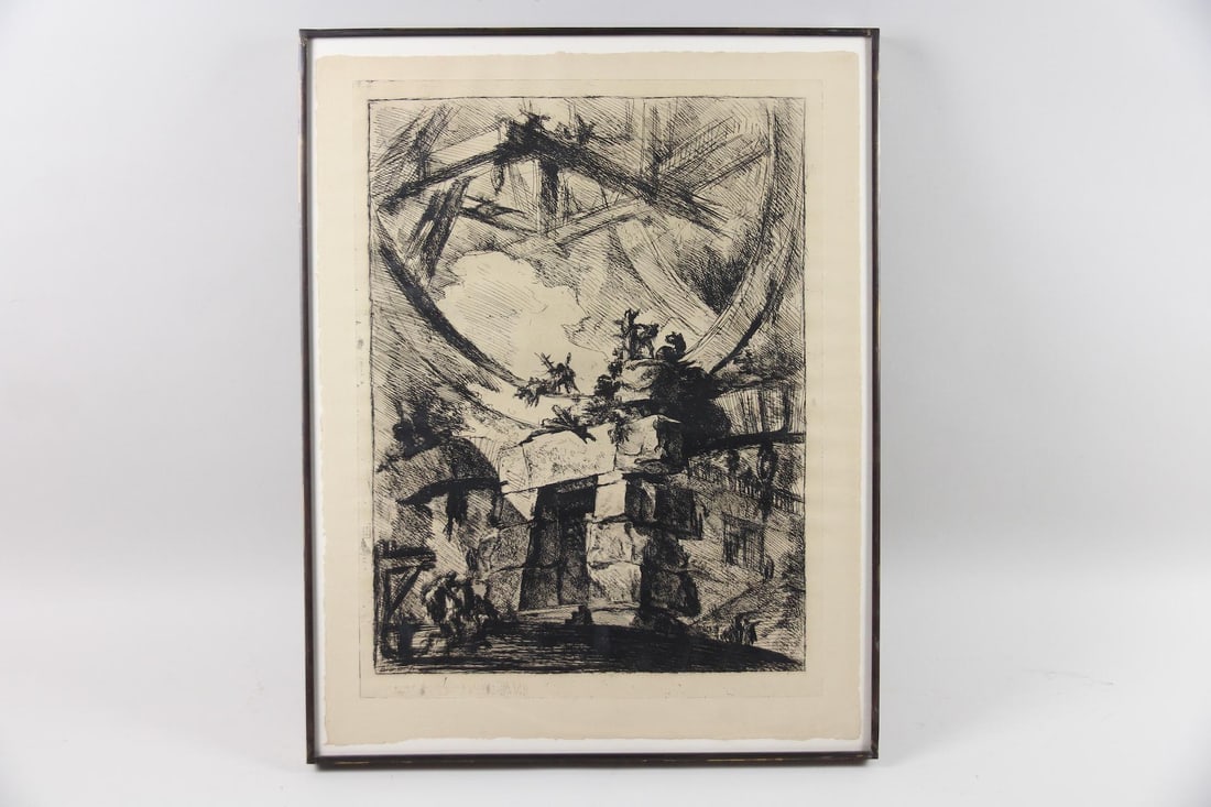 Giovanni Battista Piranesi Architectural Etching "The Giant Wheel": Giovanni Battista Piranesi Carceri d'invenzione (Imaginary Prisons) Etching "The Giant Wheel". Etching titled The Giant Wheel or Prisoners on a Projecting Platform from the series Carceri d'invenzione