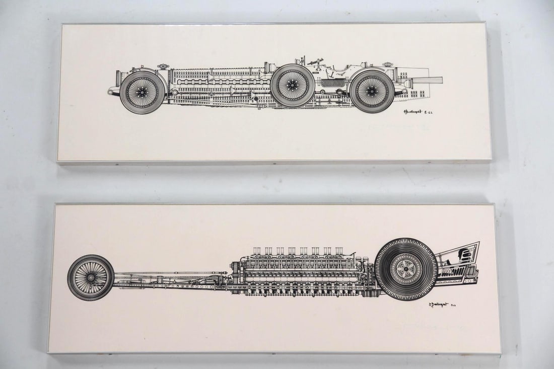 Francois Dallegret Pair of Fanstastical Automobile Prints, "Super Sportscar": Pair of Modern Francois Dallegret B&W Automobile Prints. Two prints on paper depicting imagined automobiles, rendered in extreme detail, by the artist, architect, and designer Francois Dallegret (b.