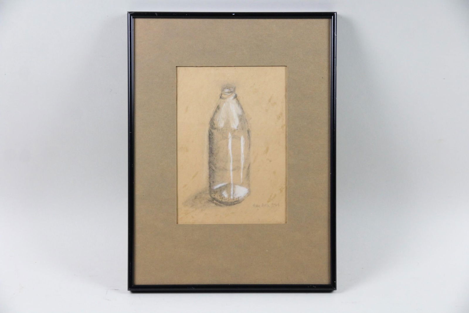 Tjasa Owen Modernist Drawing of a Bottle: Tjasa Owen Modernist Drawing of a Bottle. Minimalist still life of a bottle, rendered in graphite on toned paper with gouache highlights. Signed and dated 1984 lower right by the artist Tjasa Owen