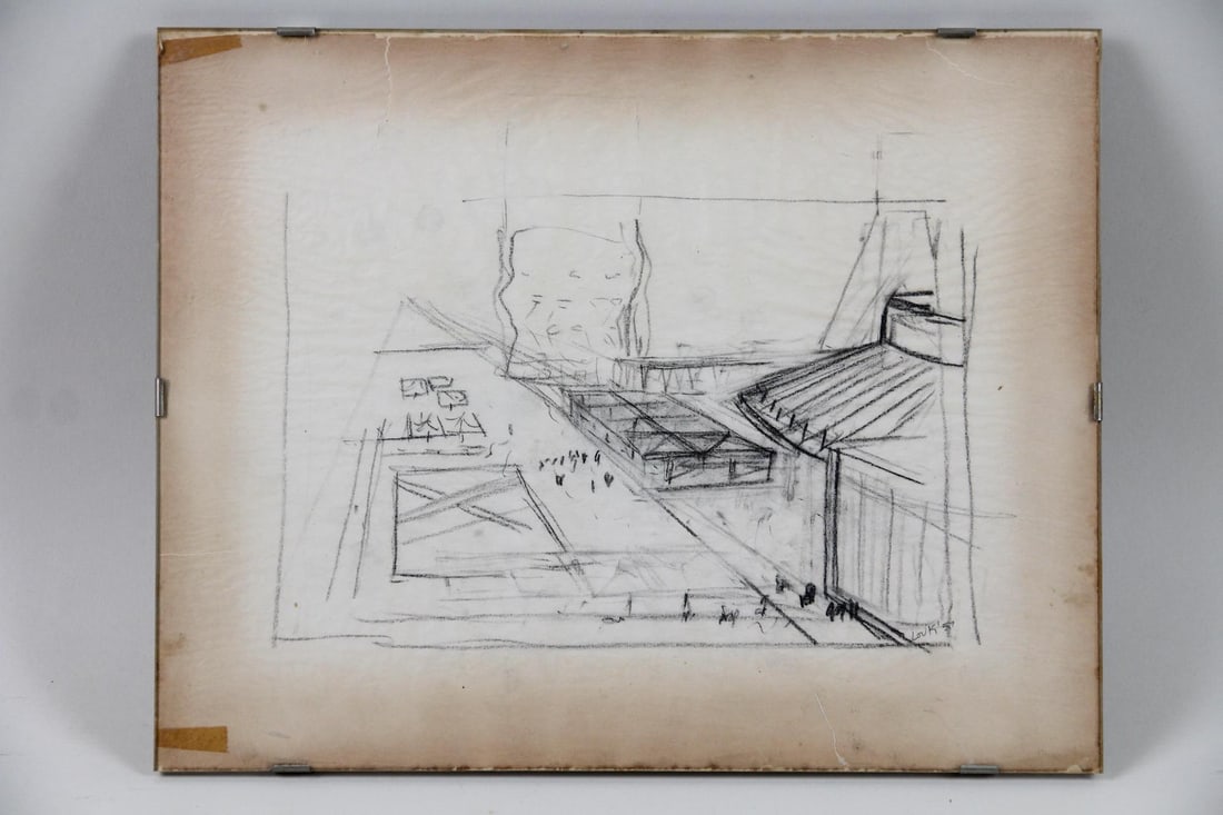 Louis Kahn Architectural Concept Drawing, 1957: Louis Kahn Architectural Concept Drawing, 1957. Original graphite drawing of a concept for a public building, possibly the proposed Civic Center in Philadelphia along the Schuylkill River (never built