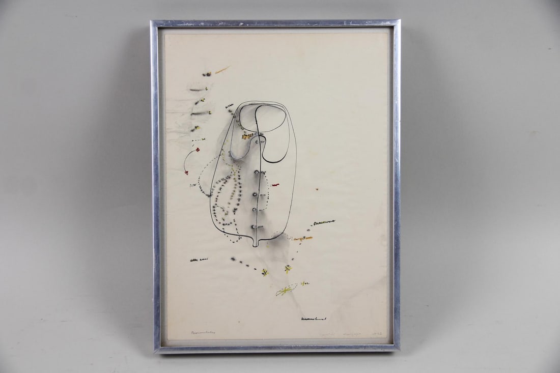 Gianfranco Baruchello Abstract Drawing 1963: Gianfranco Baruchello Modernist Abstract Drawing 1963. Drawing in black ink and graphite, resembling a map, with red and yellow details in gouache. With a Cordier & Ekstrom NYC Gallery label on the