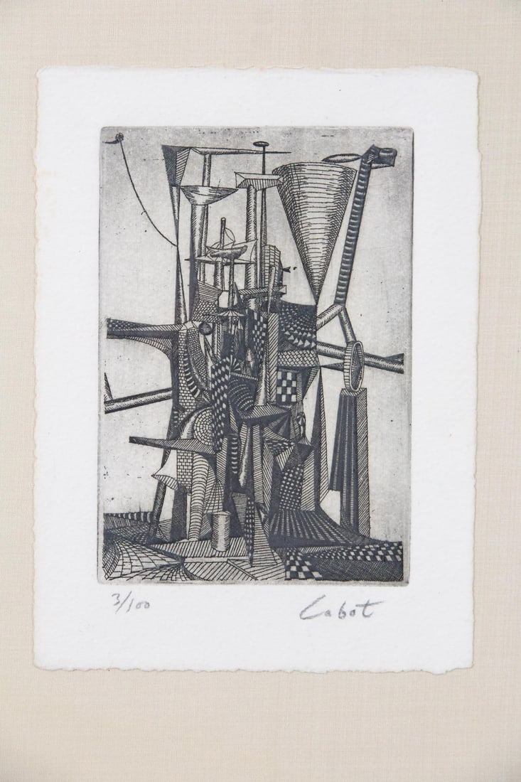 Roland Cabot Architectural Abstract Engraving "Construction No. 1": Roland Cabot Abstract Engraving "Construction No. 1". Highly detailed fantastical architectural rendering, numbered 3/100 and signed lower right by the artist Roland Cabot (Brazilian1929-2020.) In a
