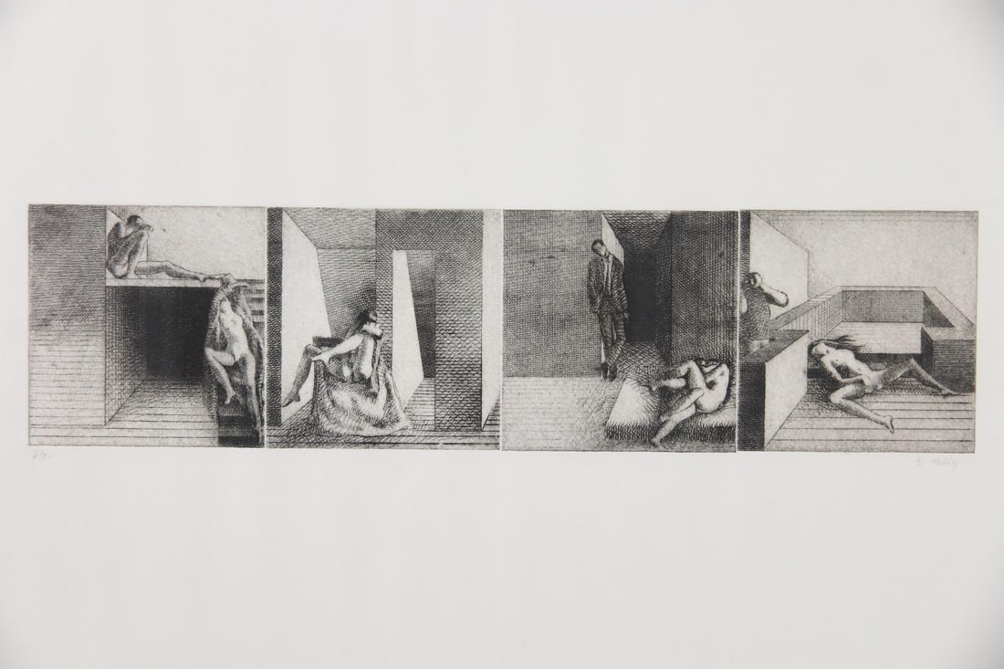 Bernadette Kelly 4 Panel Erotic Etching "Logarithme" 1972: Bernadette Kelly 4 Panel Erotic Etching. Print depicting 4 interiors with nudes, titled Logarithme, from 1972. Signed lower right by the artist Bernadette Kelly (French b. 1933). In a metal frame. 