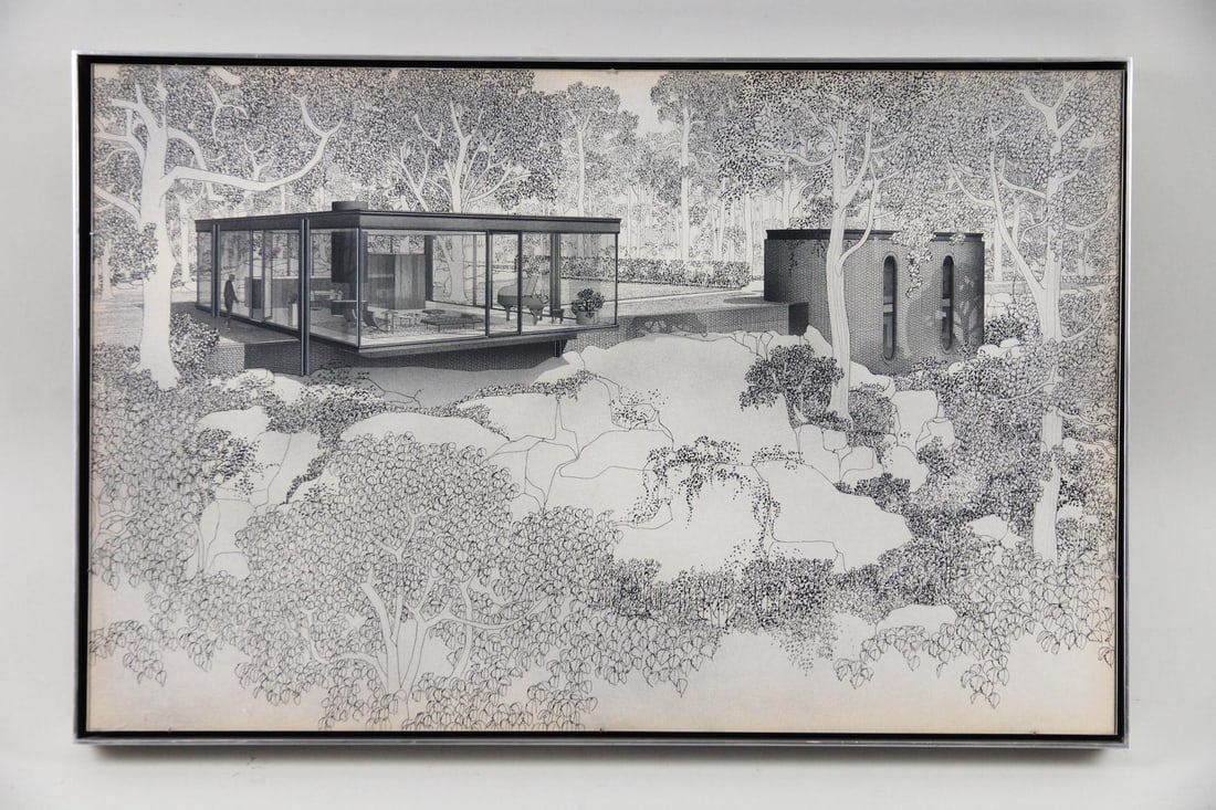 Helmut Jacoby Original Architectural Drawing, Glass House: Helmut Jacoby Original Architectural Drawing, Glass House. Original ink drawing on paper by German architect and architectural draftsman Helmut Jacoby (1926-2005) depicting a glass house. With