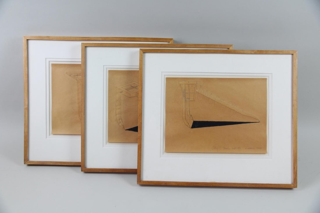 Group of 3 Paul Neagu "Hyphen" Study Drawings: Group of 3 Paul Neagu "Hyphen" Study Drawings. Three graphite study drawings on paper for the Hyphen series. Titled Study of Hyphen and Below Hyphen, dated 1977 and signed by the artist sculptor Paul