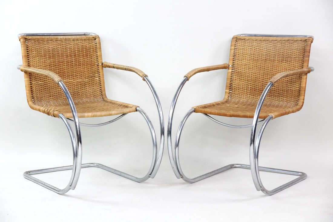 Pair of Mies Van Der Rohe Wicker & Chrome MR20 Chairs (1 of 10)