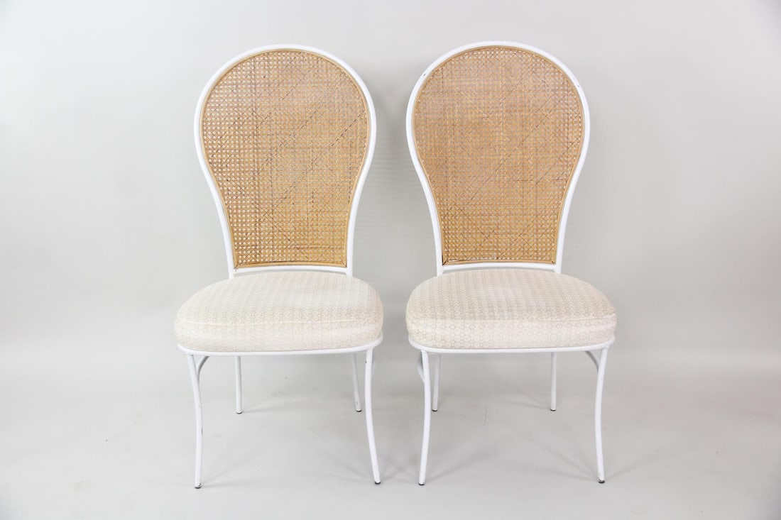 Pair of Milo Baughman for Thayer Coggin Caned High Back Dining Chairs: Pair of Mid-Century Modern Milo Baughman for Thayer Coggin Caned Dining Chairs. Matching pair of chairs with tall balloon shaped caned backs, white metal frames and cream upholstery. Dimensions are 42